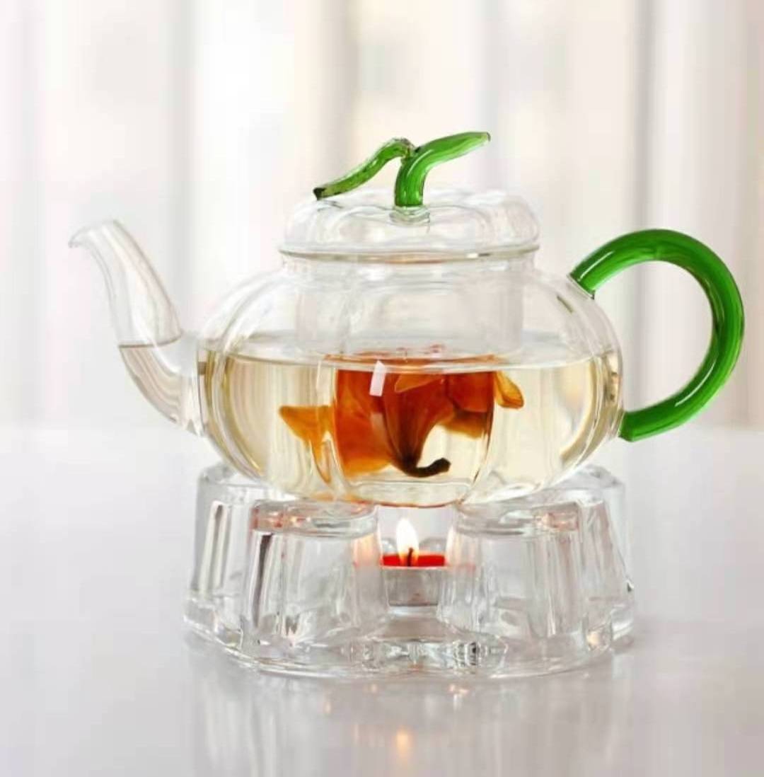 Clear heat resistant borosilicate glass pumpkin teapot with infuser