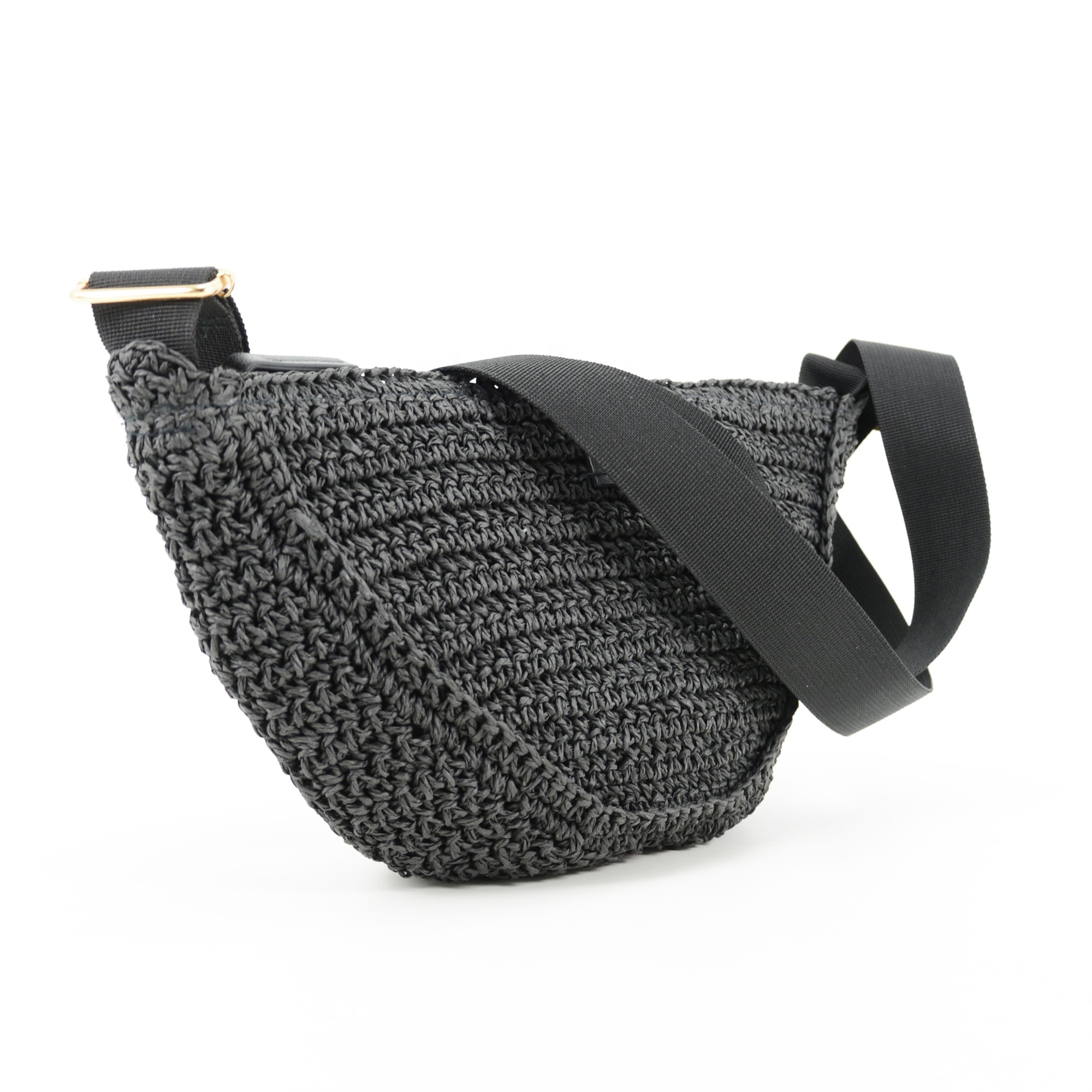 Handmade Black Straw Half Moon Cross Body Bag Casual Tote Shape with Cotton Lining Crocheted Style