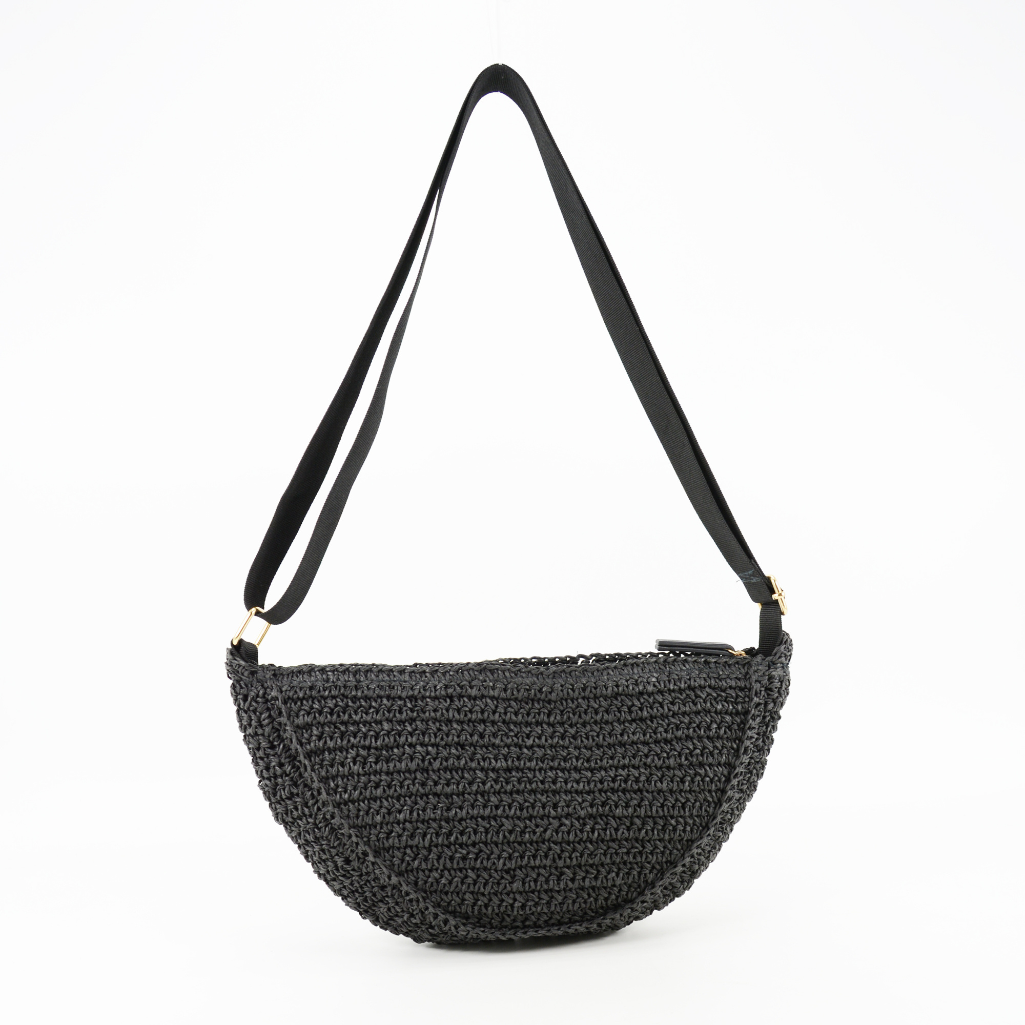 Handmade Black Straw Half Moon Cross Body Bag Casual Tote Shape with Cotton Lining Crocheted Style