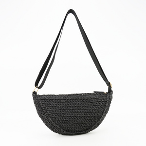 Handmade Black Straw Half Moon Cross Body Bag Casual Tote Shape with Cotton Lining Crocheted Style