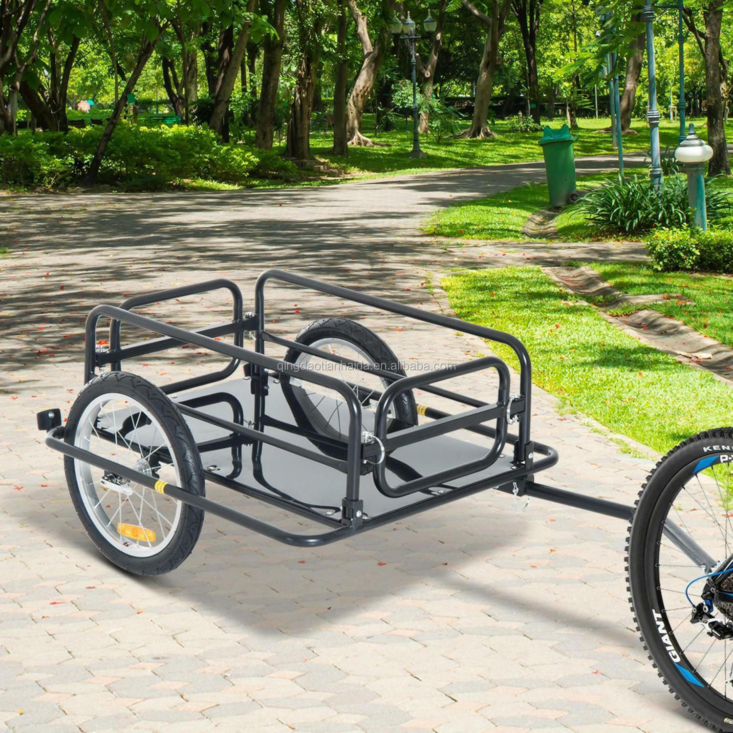 Steel Bike Trailer Black Cargo Foldable Drawbar Folds Flat  Durable Cargo Bicycle Trailer