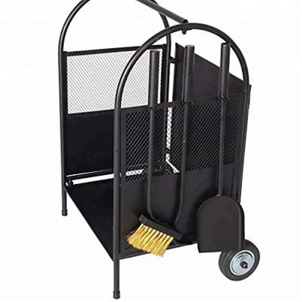 Fireplace Log Cart Rack Wrought Iron Firewood Storage Holder Carrier with Wheels