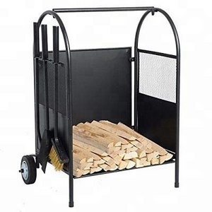 Fireplace Log Cart Rack Wrought Iron Firewood Storage Holder Carrier with Wheels