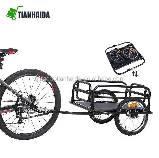 Steel Bike Trailer Black Cargo Foldable Drawbar Folds Flat  Durable Cargo Bicycle Trailer