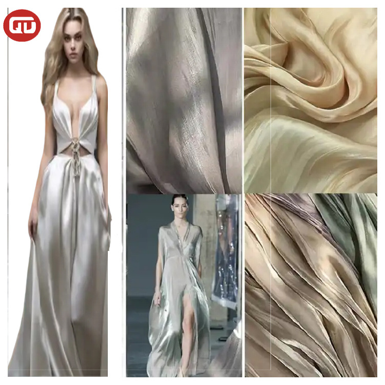 Wholesale Shiny yoyo Shimmer Chiffon Satin Fabric Pleated Luxury Chiffon  organza Pearl Fabric for indonesia market