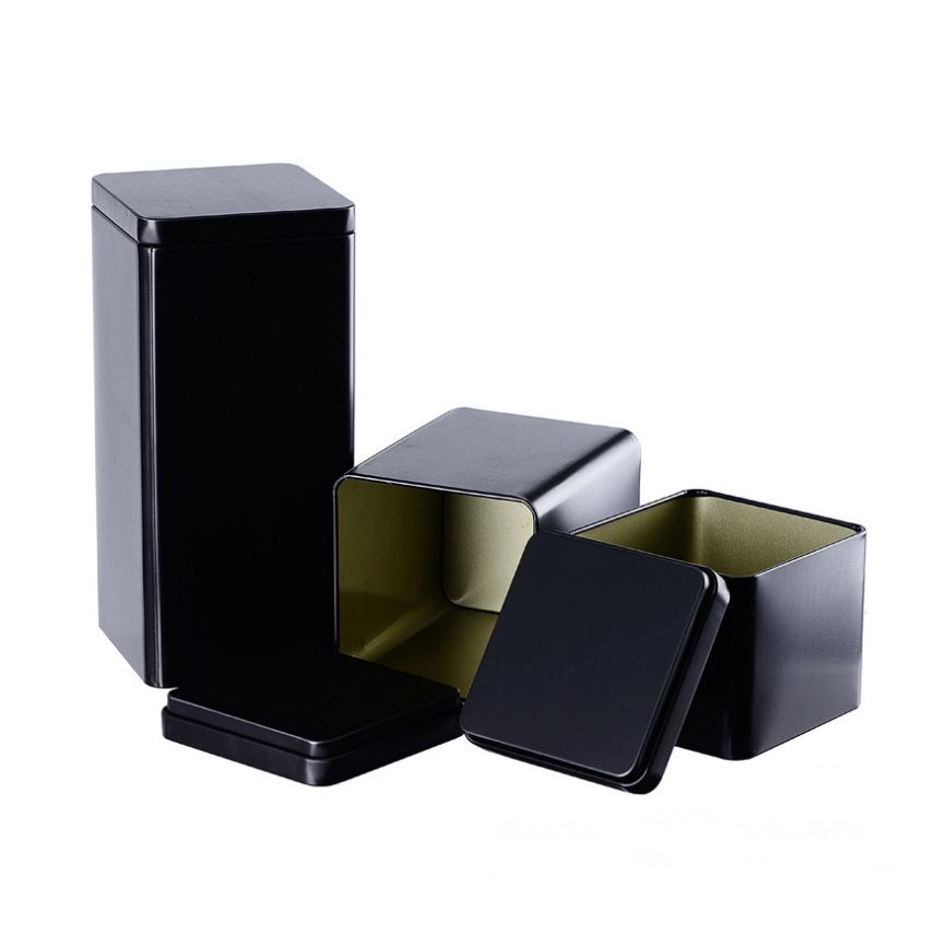 luxury food packaging metal tin box/black square tea container tin/can golden tea candy jar