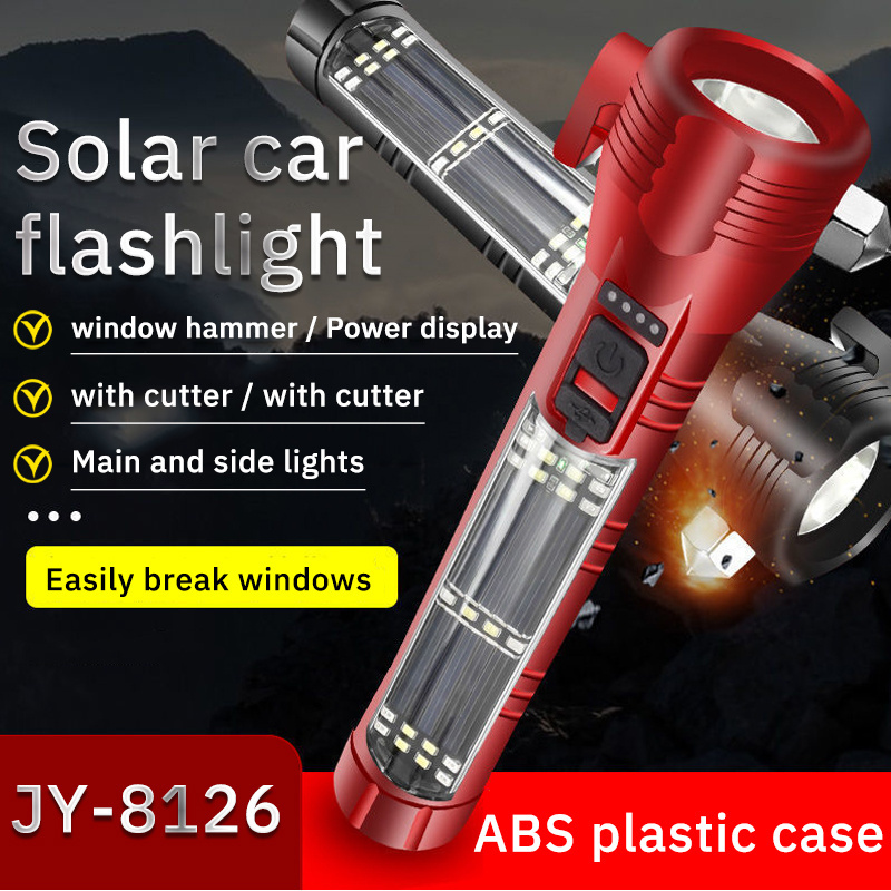 Super bright Car Safety hammer LED + COB sidelight Type C and solar rechargeable compass flashlight