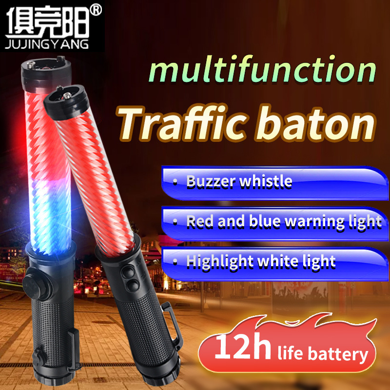 Magnetic LED red and blue light warning hand traffic baton flashlight