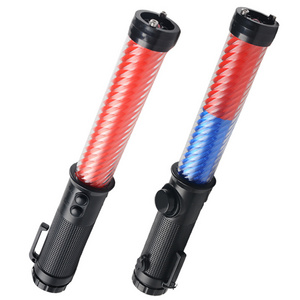 Magnetic LED red and blue light warning hand traffic baton flashlight