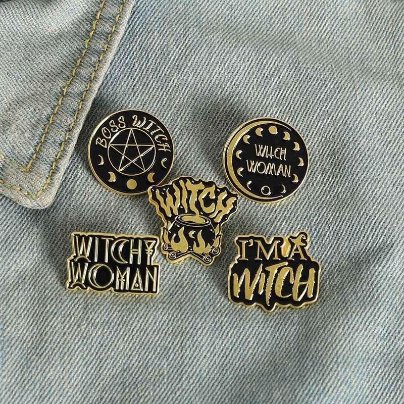 Witch Woman Brooch Pins Black Wizard Divination Brooch Lapel Badge Bag Dark Black Fire Jewelry Gift for Friends Boys