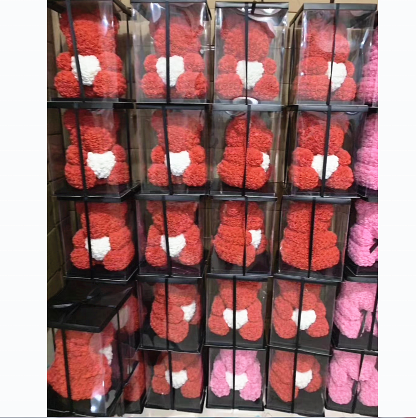 Best selling rose bears in gift box 25cm foam rose flower teddy bears for Valentine day gift flower bears top quality