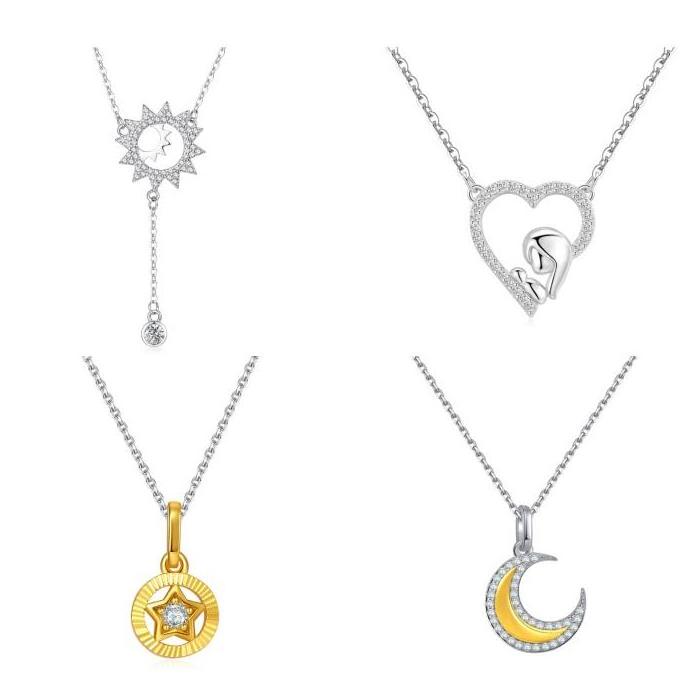 Qings Jewelry 925 Sterling Silver Necklace  Moon Star Necklace For Mothers' Day