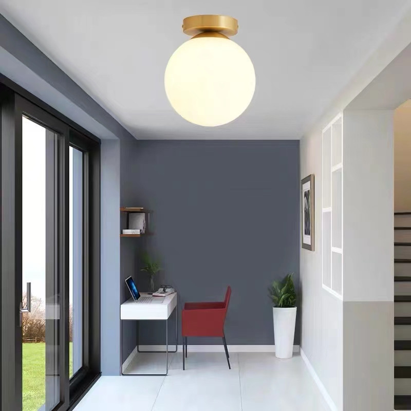 All Copper Glass Ball Led Ceiling Light Modern Creative Brass Bedroom Hallway Light