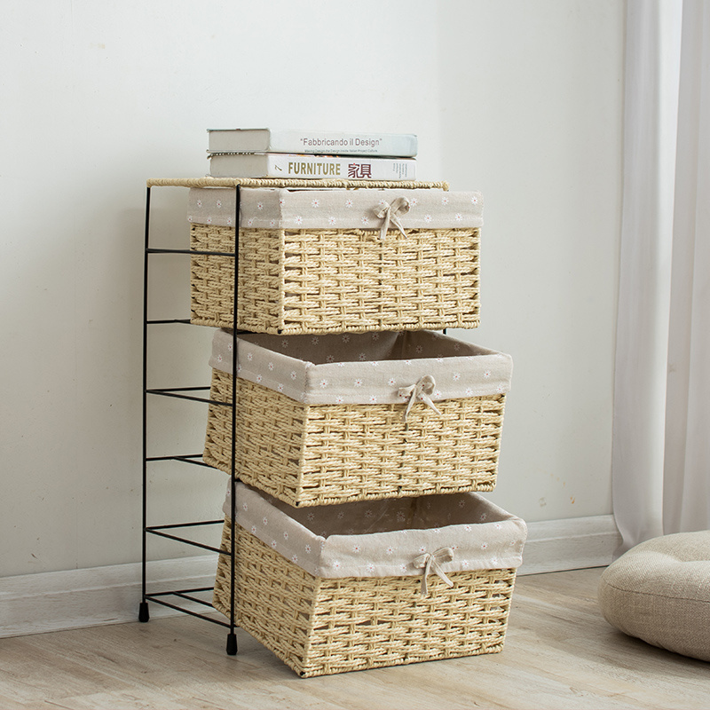 Wholesale corner iron shelf unit - 3 drawer basket rope bedroom storage with paper rope baskets