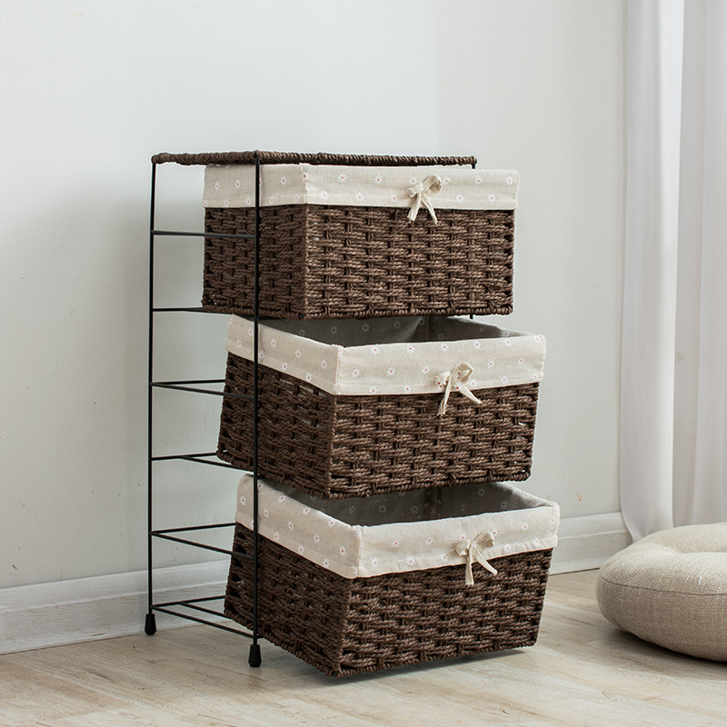 Wholesale corner iron shelf unit - 3 drawer basket rope bedroom storage with paper rope baskets