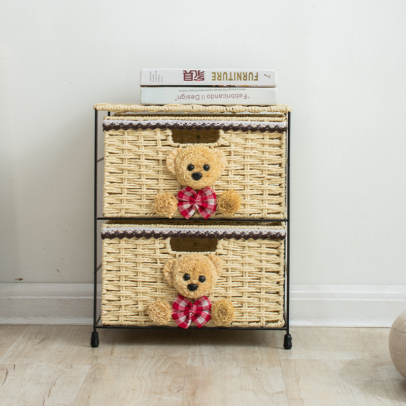 Wholesale corner iron shelf unit - 3 drawer basket rope bedroom storage with paper rope baskets