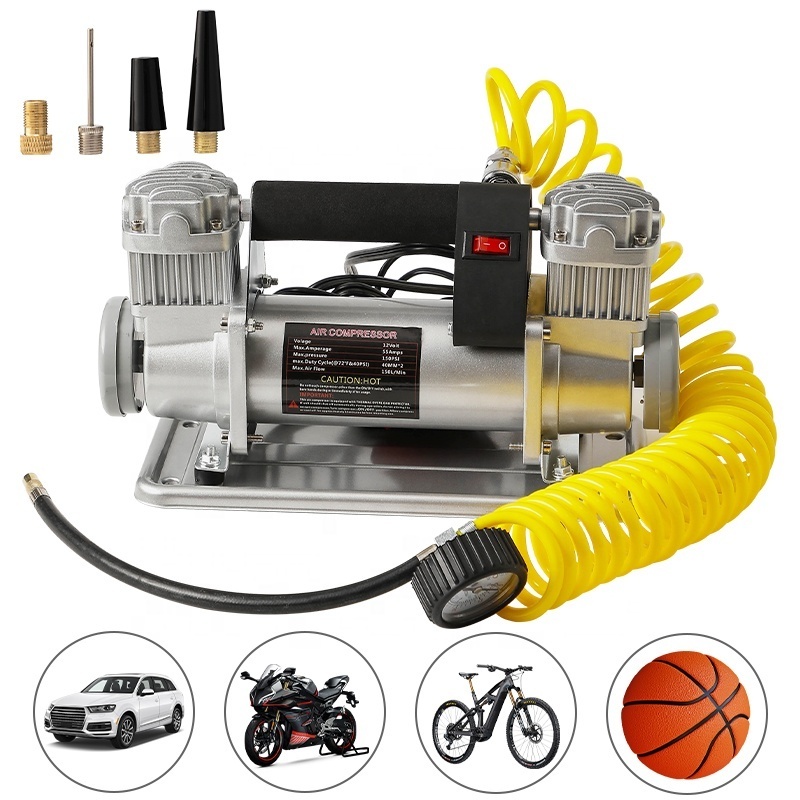 Heavy Duty Double Cylinder Car Tire Inflator High Power 12V DC 150 PSI Metal Air Compressor Pump for Car with Extension Hose