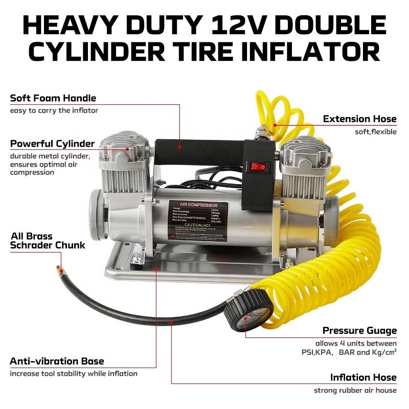 Heavy Duty Double Cylinder Car Tire Inflator High Power 12V DC 150 PSI Metal Air Compressor Pump for Car with Extension Hose