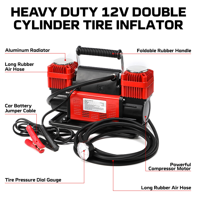 Heavy Duty Car Tire inflator Air Pump with Extension Hose Powerful Double Cylinder 150PSI 12V DC Jumper Cable Air Compressor