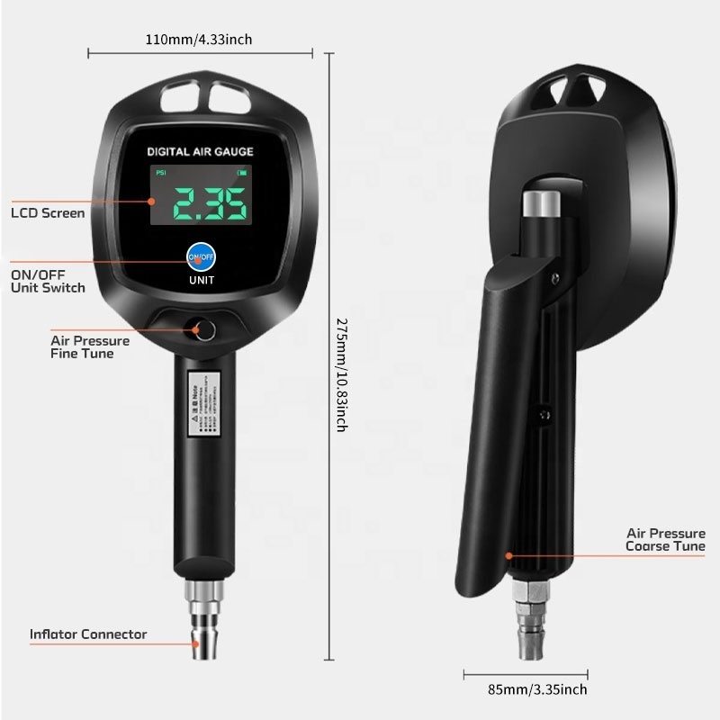 Digital Car High-precision Tire Pressure Gauge with Inflator Connector 4 Pressure Units 255 PSI Max Inflator Gun