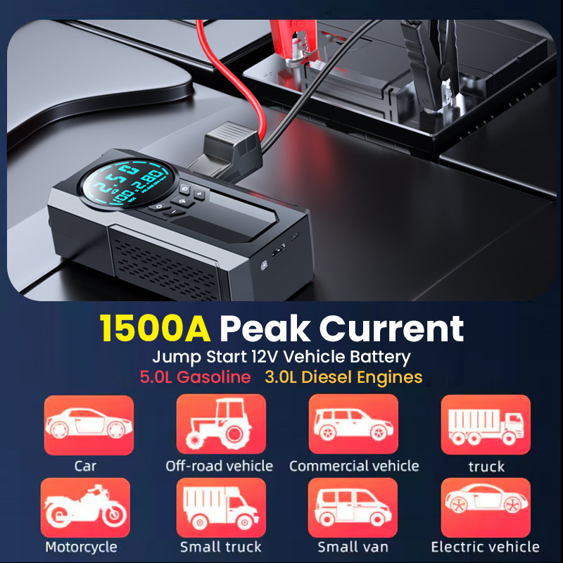 4-in-1 Portable Car Battery Jump Starter Booster Power Bank 15000mAh Lithium Battery Pack with Tire Inflator LED Light