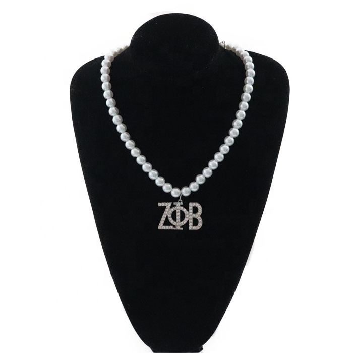 Greek  New Sorority Necklace Pearl And crystal rhinestones  Zeta PHI Beta Soror Letters pearl Chain Necklace