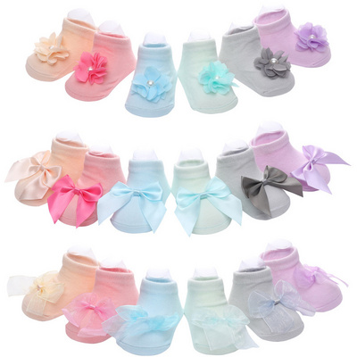 Wholesaler custom Bow-knot candy princess cute lace cotton anti-slip newborn baby floor socks