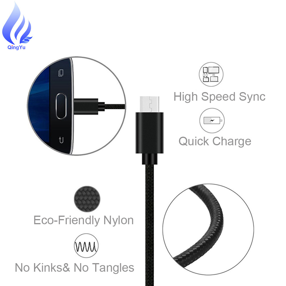 Nylon Braided 2M Micro USB Charger Cable V8 Mobile Phone Charging Cord 2.0 Data Sync Cable for Samsung galaxy Black