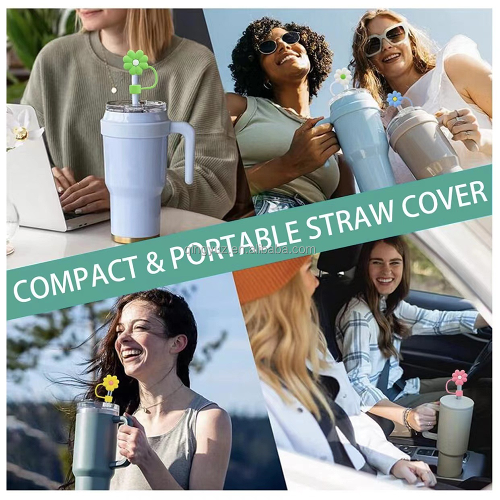 Hot Silicone Flower Straw Tips Cover,Colorful Straw Plug Dust-Proof Drinking Straw Topper Compatible with all Oz Cupz