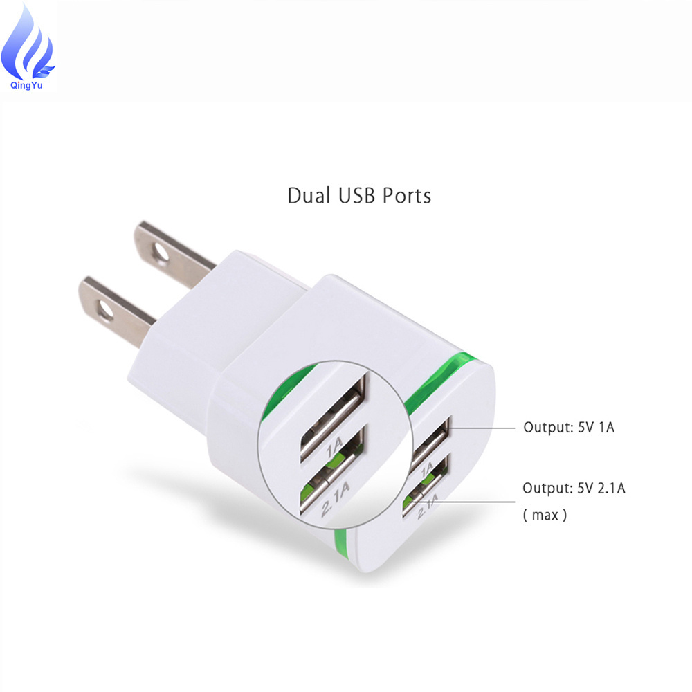 5V 2.1A USB Phone Charger adapter US EU Charger Phone Fast Travel Adapter with LED lights 2 ports Charger Custom Logo