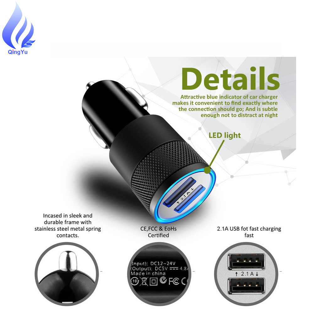 2023 Hot Products 5V 3.1A Dual Port USB Car Charger,Universal Aluminum And ABS Fireproof Material Fast Charging Car Charger