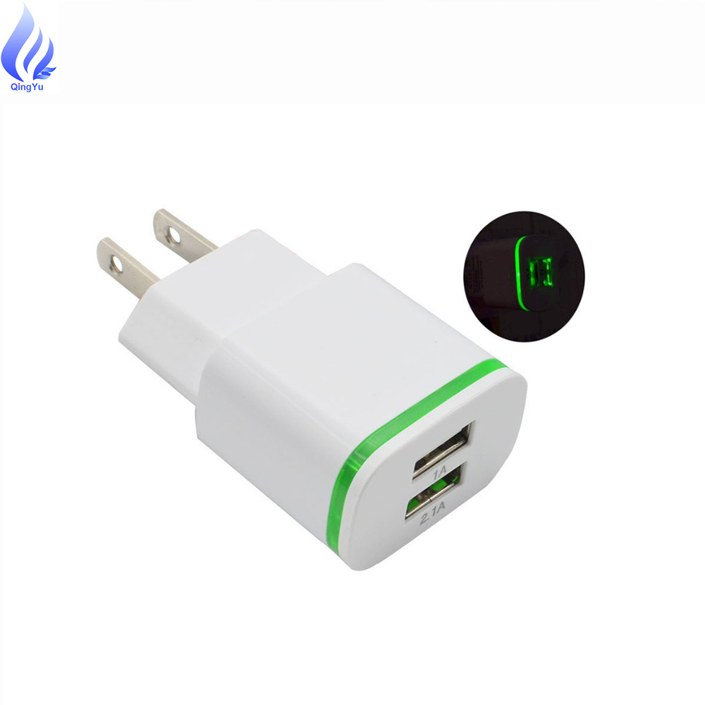 5V 2.1A USB Phone Charger adapter US EU Charger Phone Fast Travel Adapter with LED lights 2 ports Charger Custom Logo