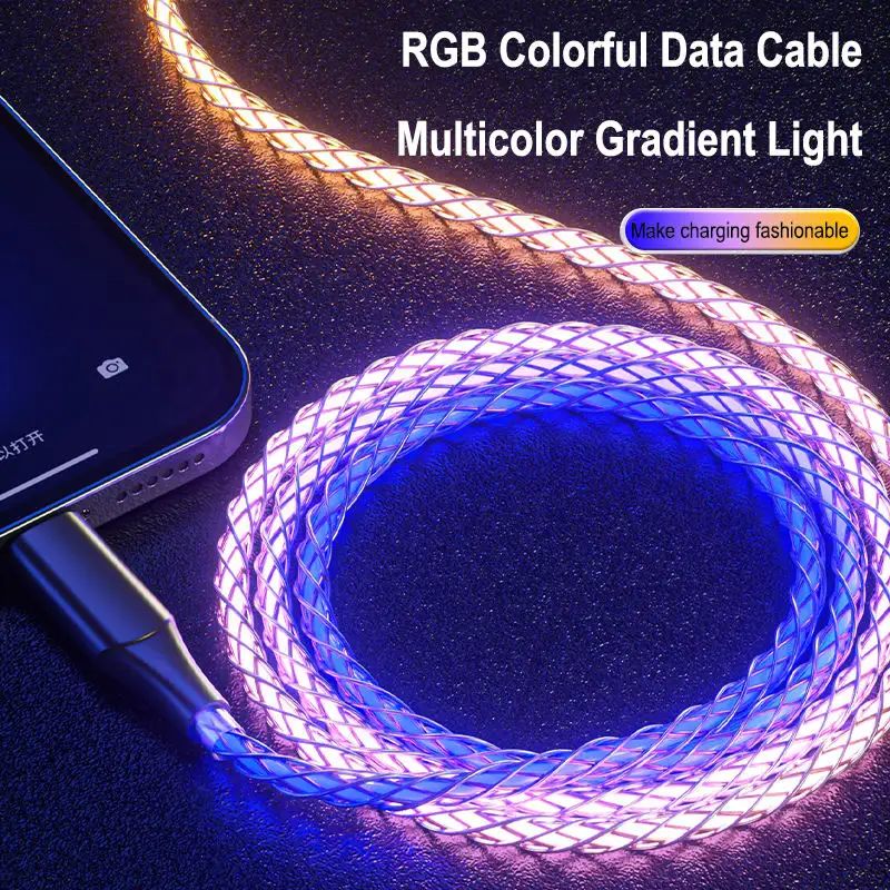 Aluminum Alloy RGB 66W Flowing Light Up Charging Cable Breathing Light Type C USB C Data Cable 1M for iPhone Samsung Huawei