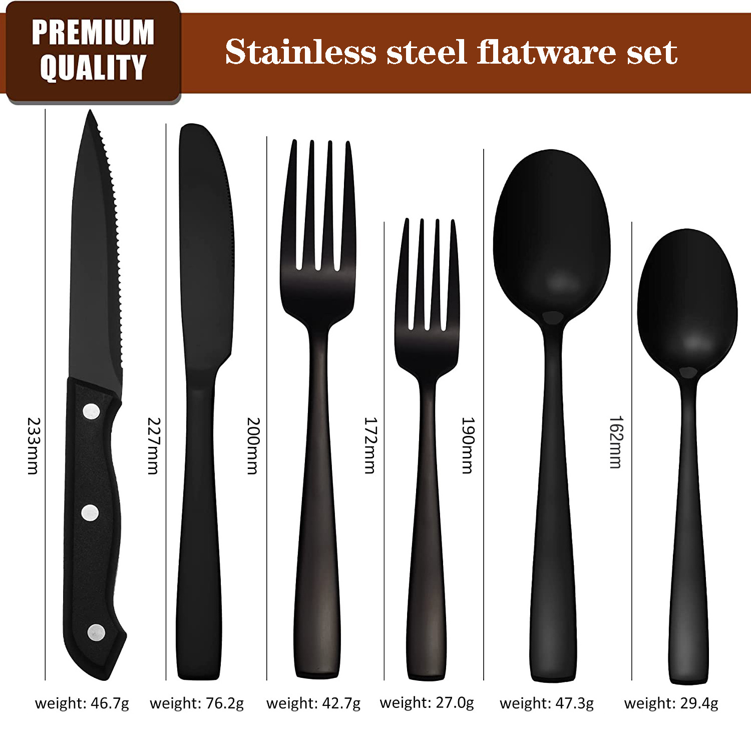 Wholesale Restaurant Steak Knives Forks Spoons Black Silverware Bestek Set cutlery 48 Pieces Stainless Steel Flatware Set For 8