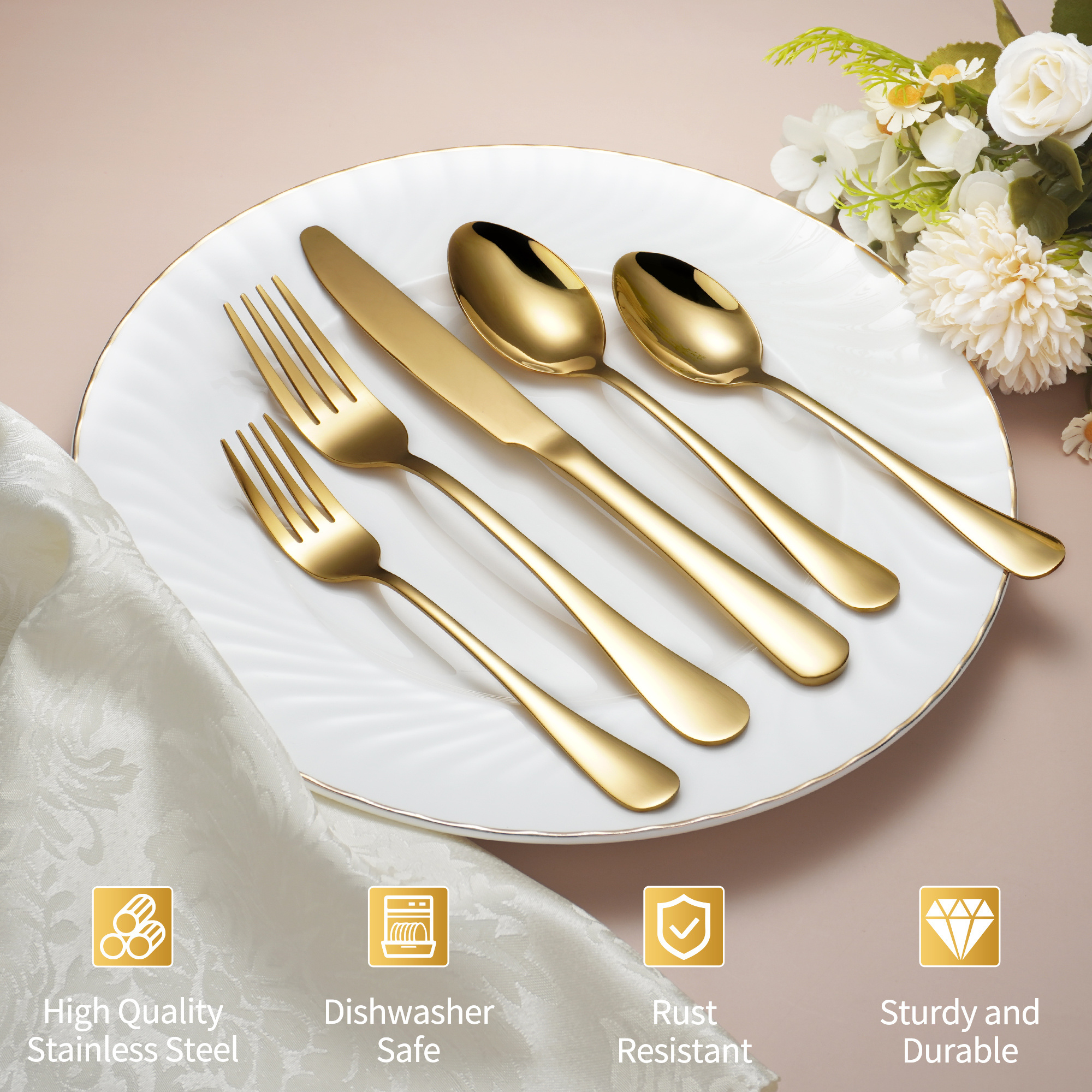 New Arrival Wedding Mirror Metal Silverware Spoon And Fork Dining Cutlery Set Stainless Steel Gold Flatware Set