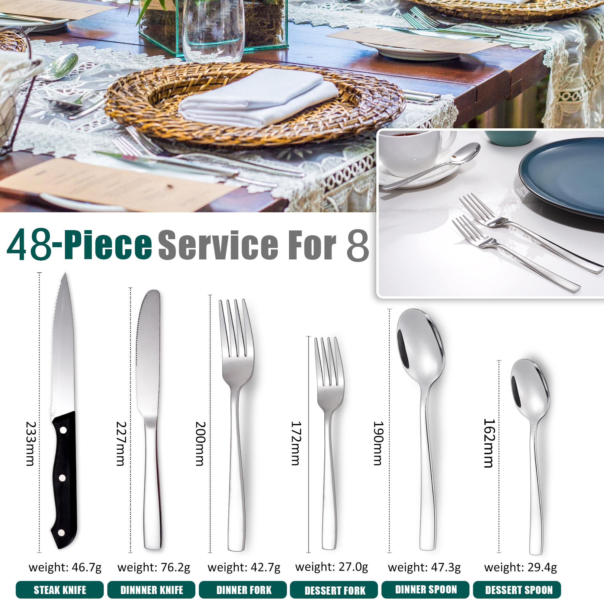 Hiware 48 Pieces for 8 Restaurant Forks Spoons Silver Bestek Set Cutlery Stainless Steel Flatware Set With Steak Knives