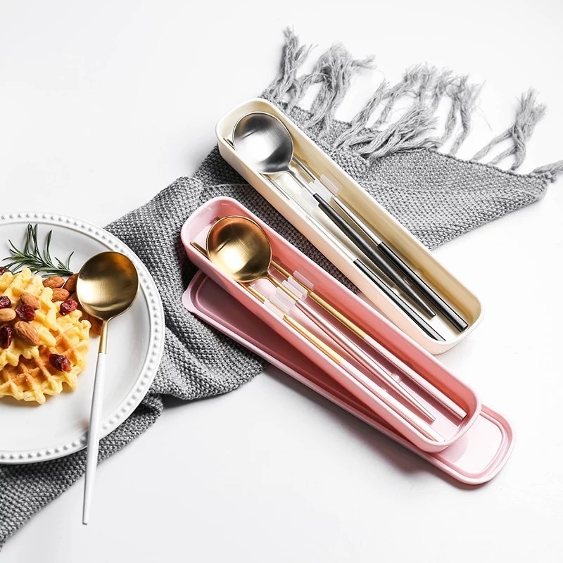 Korean Chopsticks Spoon Fork Reusable Matte Golden Travel Box Stainless Steel Camping Portable Cutlery Set With Case