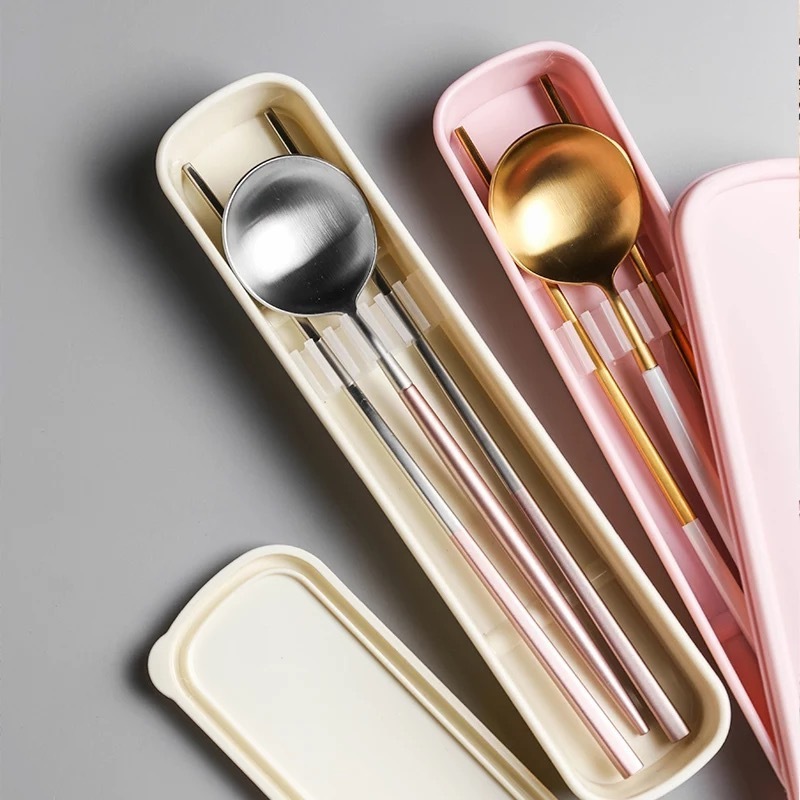 Korean Chopsticks Spoon Fork Reusable Matte Golden Travel Box Stainless Steel Camping Portable Cutlery Set With Case