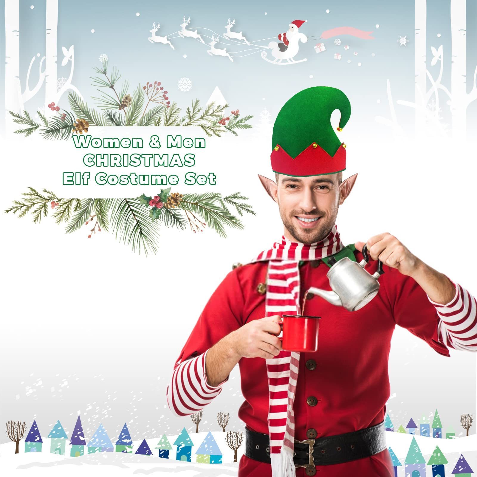 Christmas Elf Costume Hat and Soft Elf Ear Set for Women Men Christmas Holiday Cosplay Costume Accessories