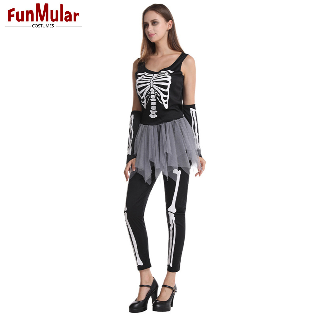 Funmular Bones Costume for Women Sleeveless Skeleton Costume with Tutu Dress for Halloween Cosplay