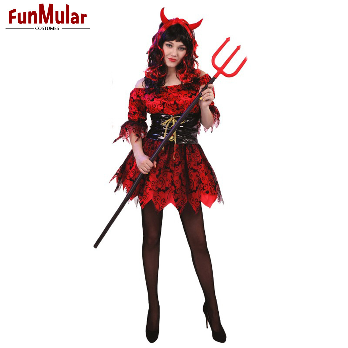 Funmular Adult Devil Costume for Women Red Dress With Headband for Halloween Cosplay Outfit