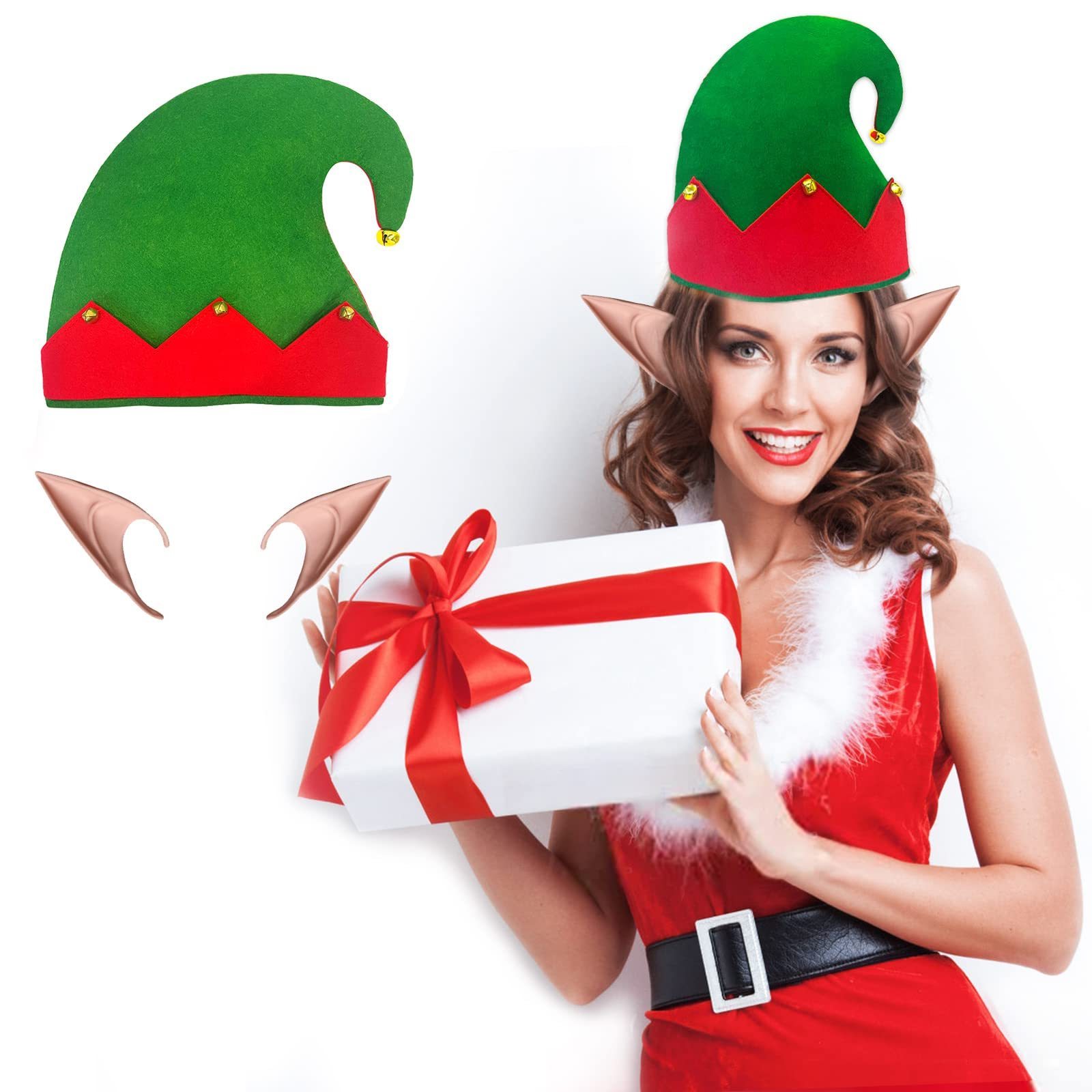 Christmas Elf Costume Hat and Soft Elf Ear Set for Women Men Christmas Holiday Cosplay Costume Accessories