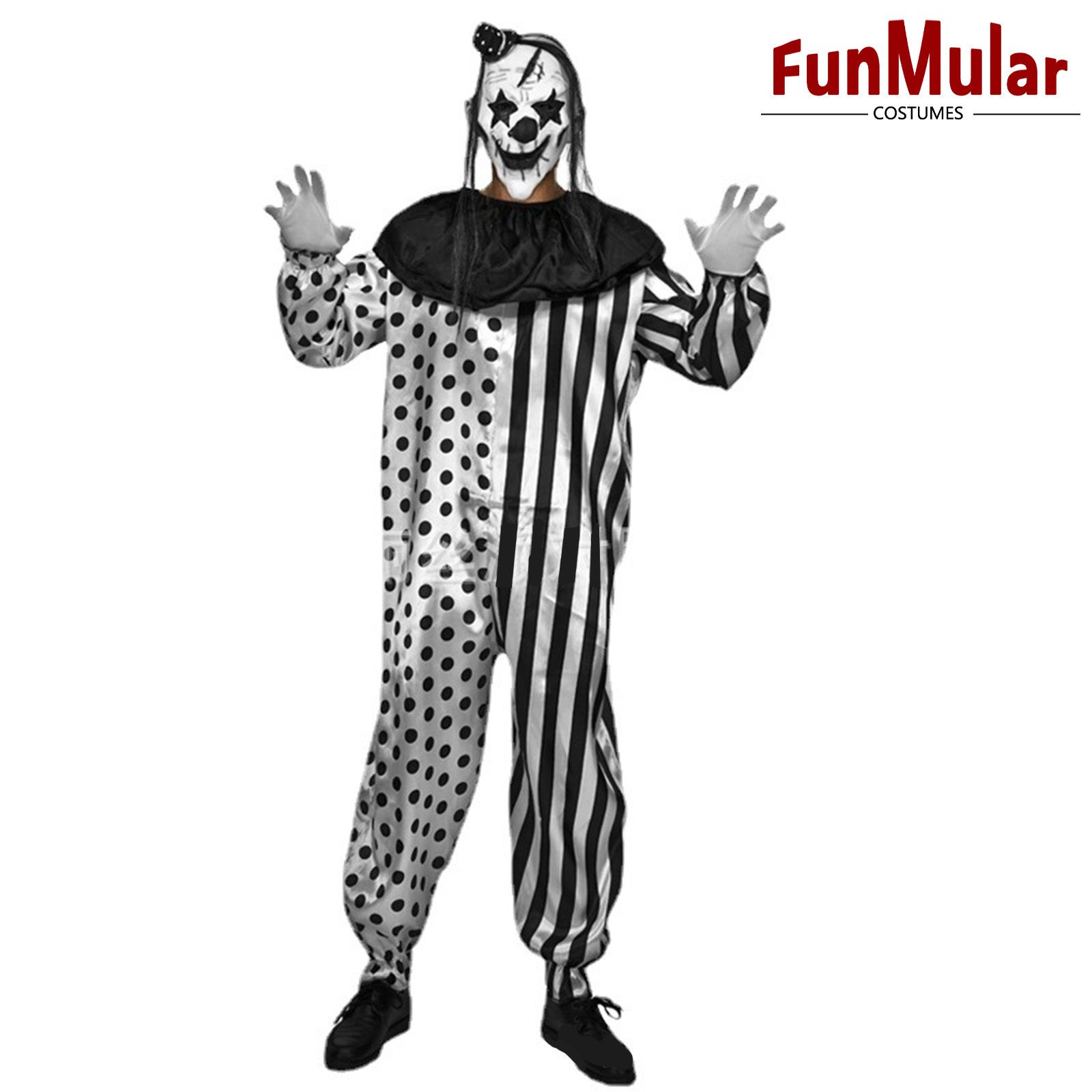 Funmular Adult Men Scary Killer Clown Costume Black and White Color Clown Suit for Halloween Cosplay