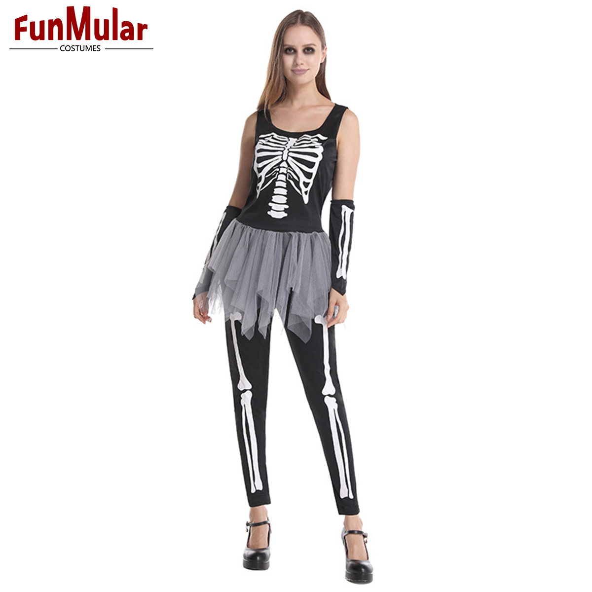 Funmular Bones Costume for Women Sleeveless Skeleton Costume with Tutu Dress for Halloween Cosplay