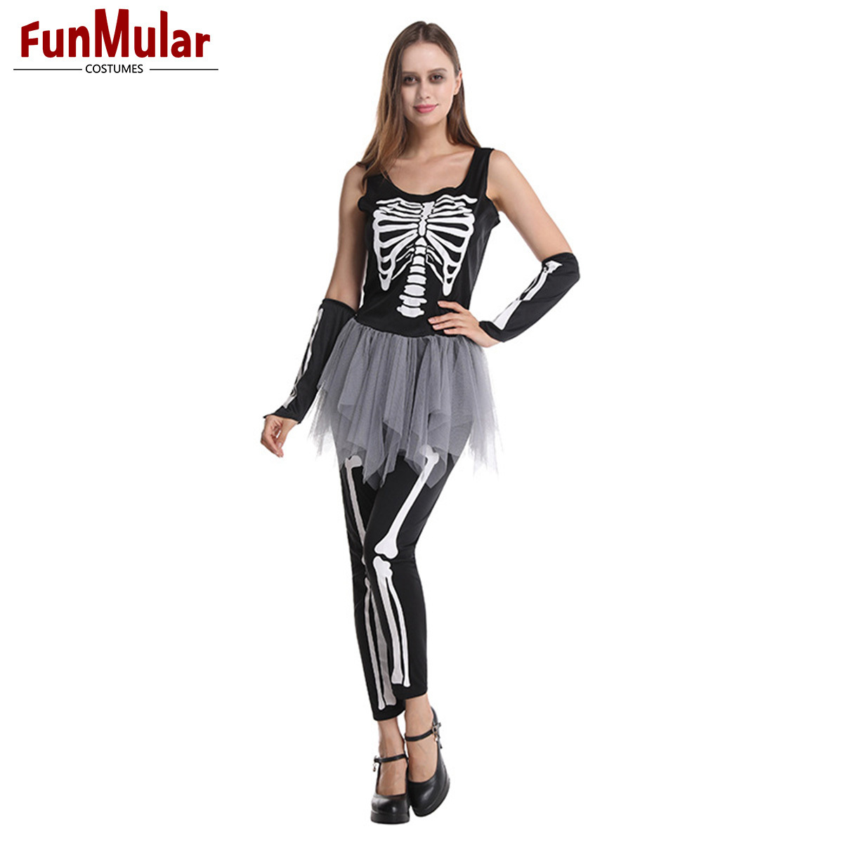 Funmular Bones Costume for Women Sleeveless Skeleton Costume with Tutu Dress for Halloween Cosplay