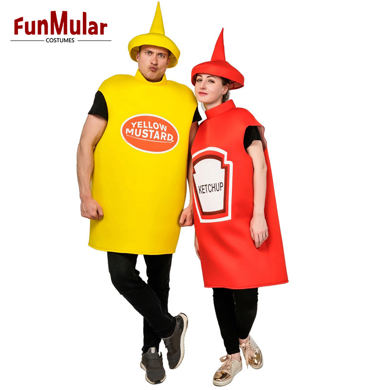 Funmular Adult Ketchup and Mustard Costume Set Couple Food Outfit for Halloween Cosplay Costume