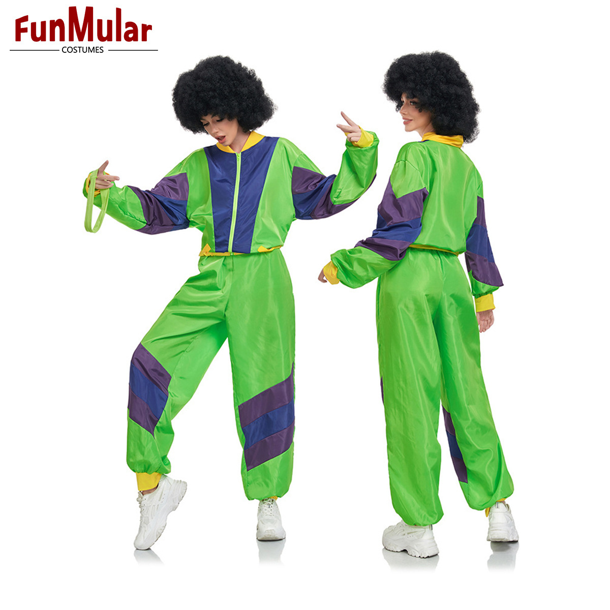 Funmular Retro Disco Costume for Adults Long Sleeve Hiphop Workout Outfit for Halloween Cosplay