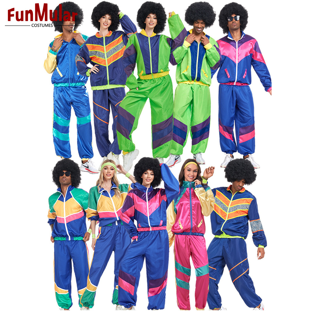 Funmular Retro Disco Costume for Adults Long Sleeve Hiphop Workout Outfit for Halloween Cosplay