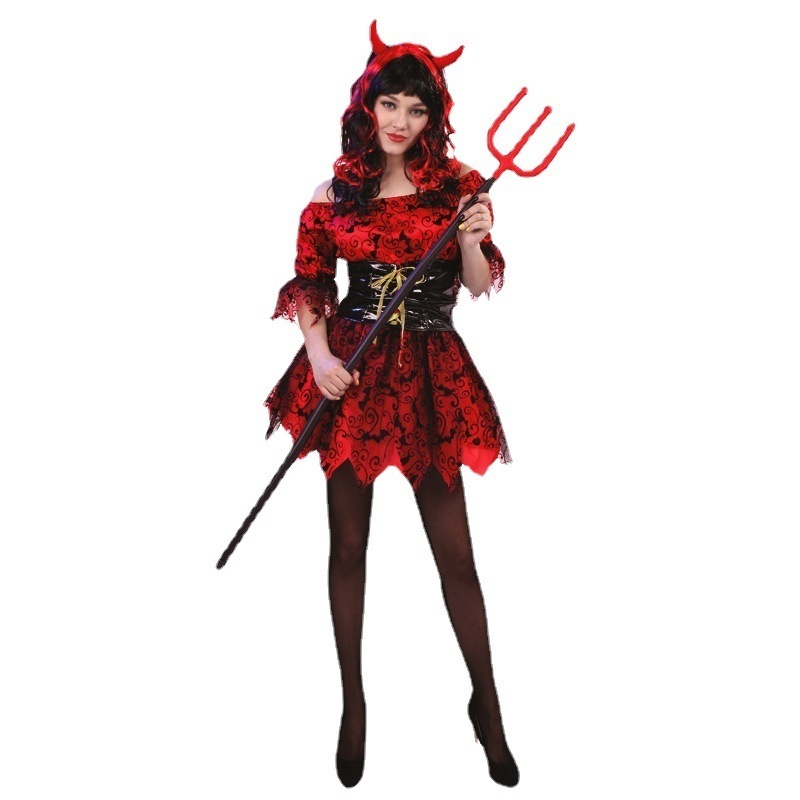 Funmular Adult Devil Costume for Women Red Dress With Headband for Halloween Cosplay Outfit