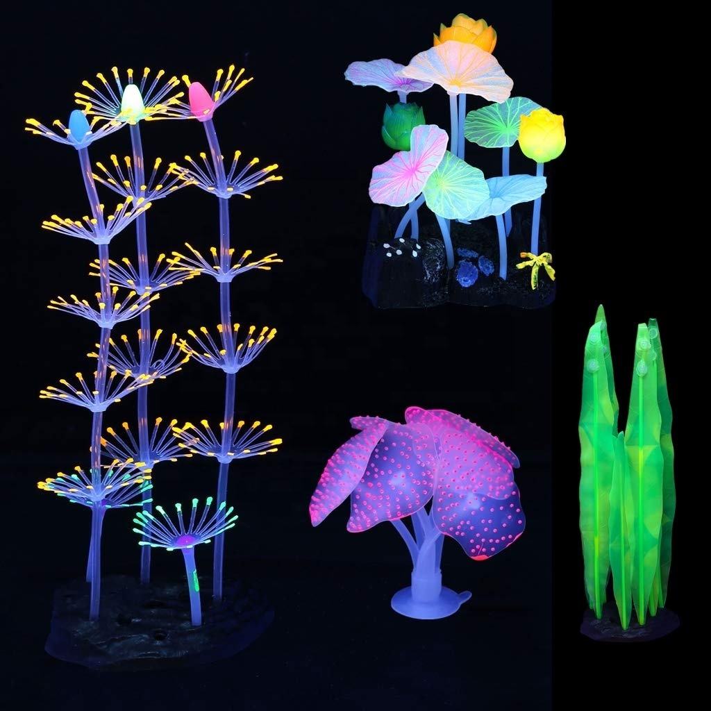 Lpraer 4 Pack Glow Aquarium Decorations Simulation Glow Plant Silicone for Fish Tank Decorations